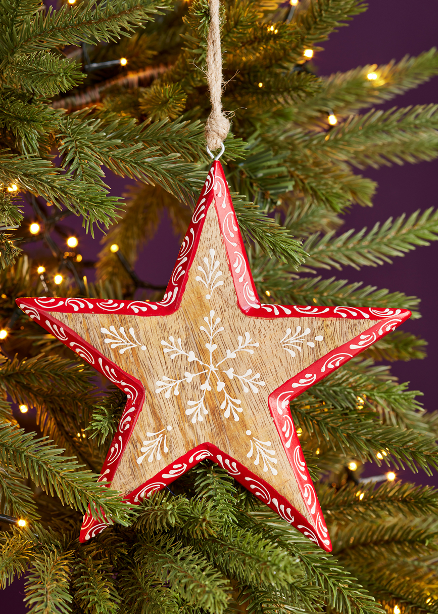 Large Hand Painted Mango Wood Hanging Star