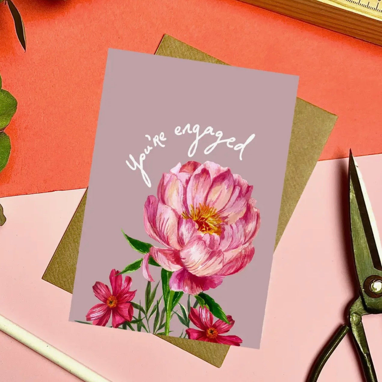 Peony Engagement Greetings Card