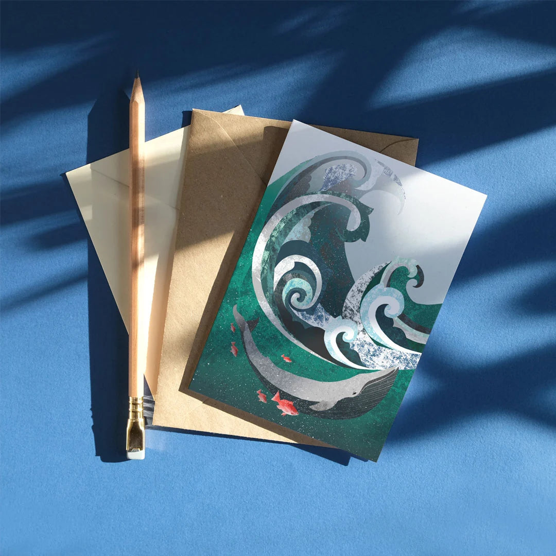 Whale & Wave Illustrated Greetings Card
