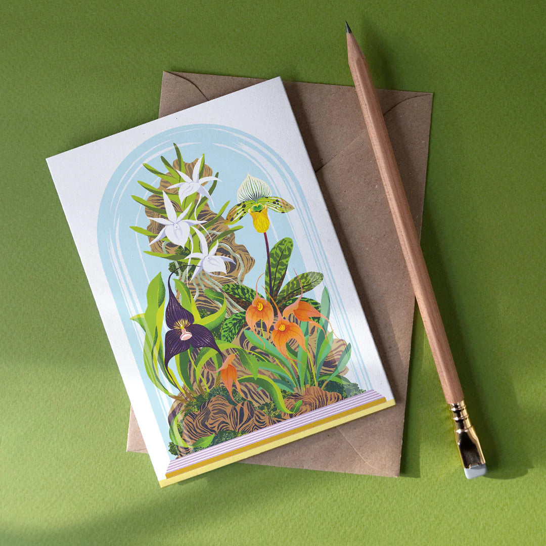Orchid Bell Jar Greetings Card