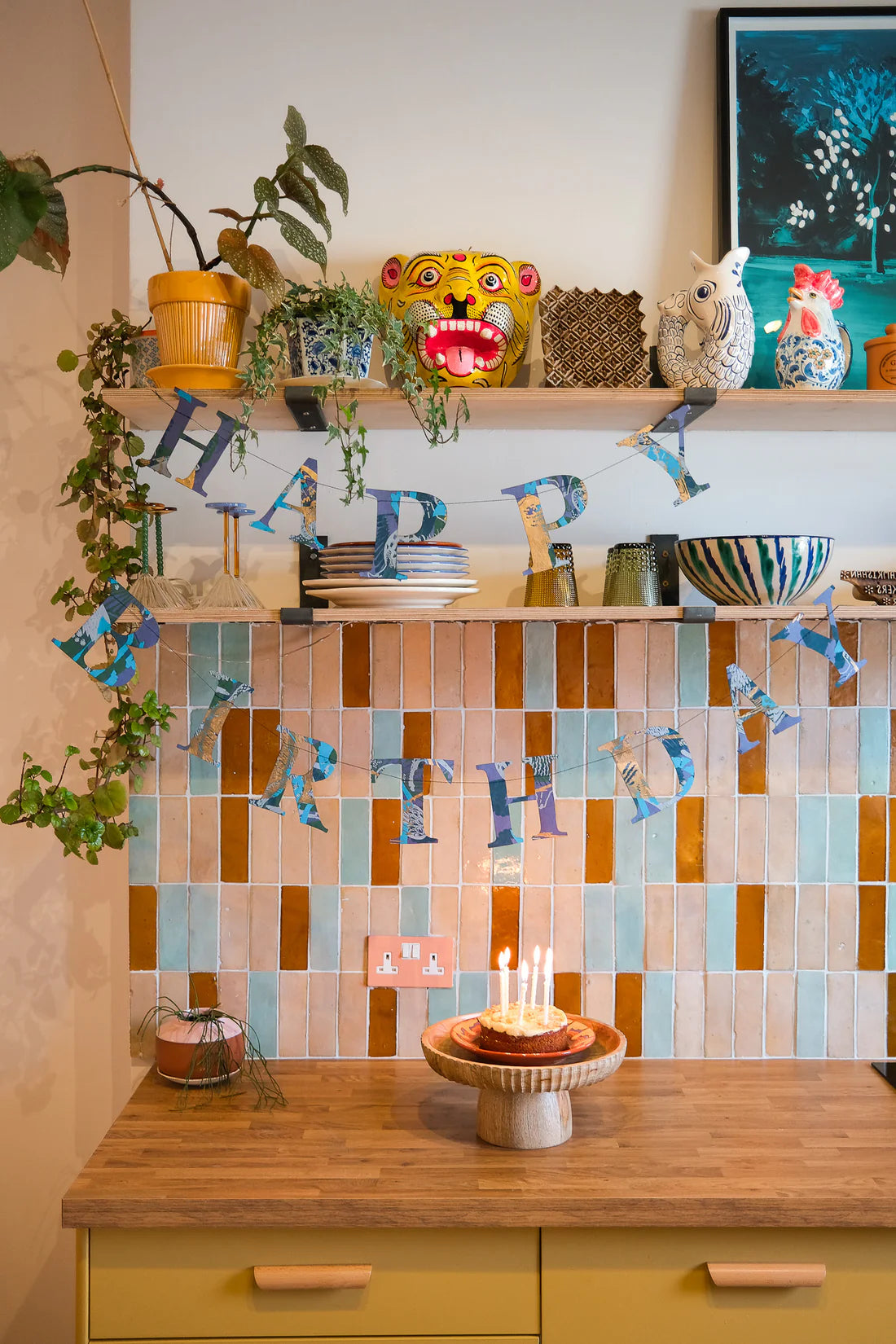 Happy Birthday-Blue Mix Sewn Garland-Recycled