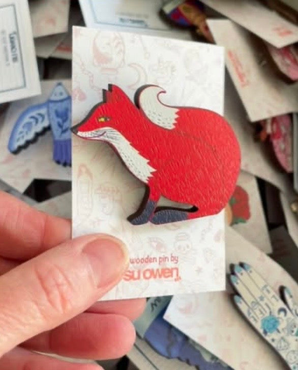 Red Fox Wooden Pin Badge
