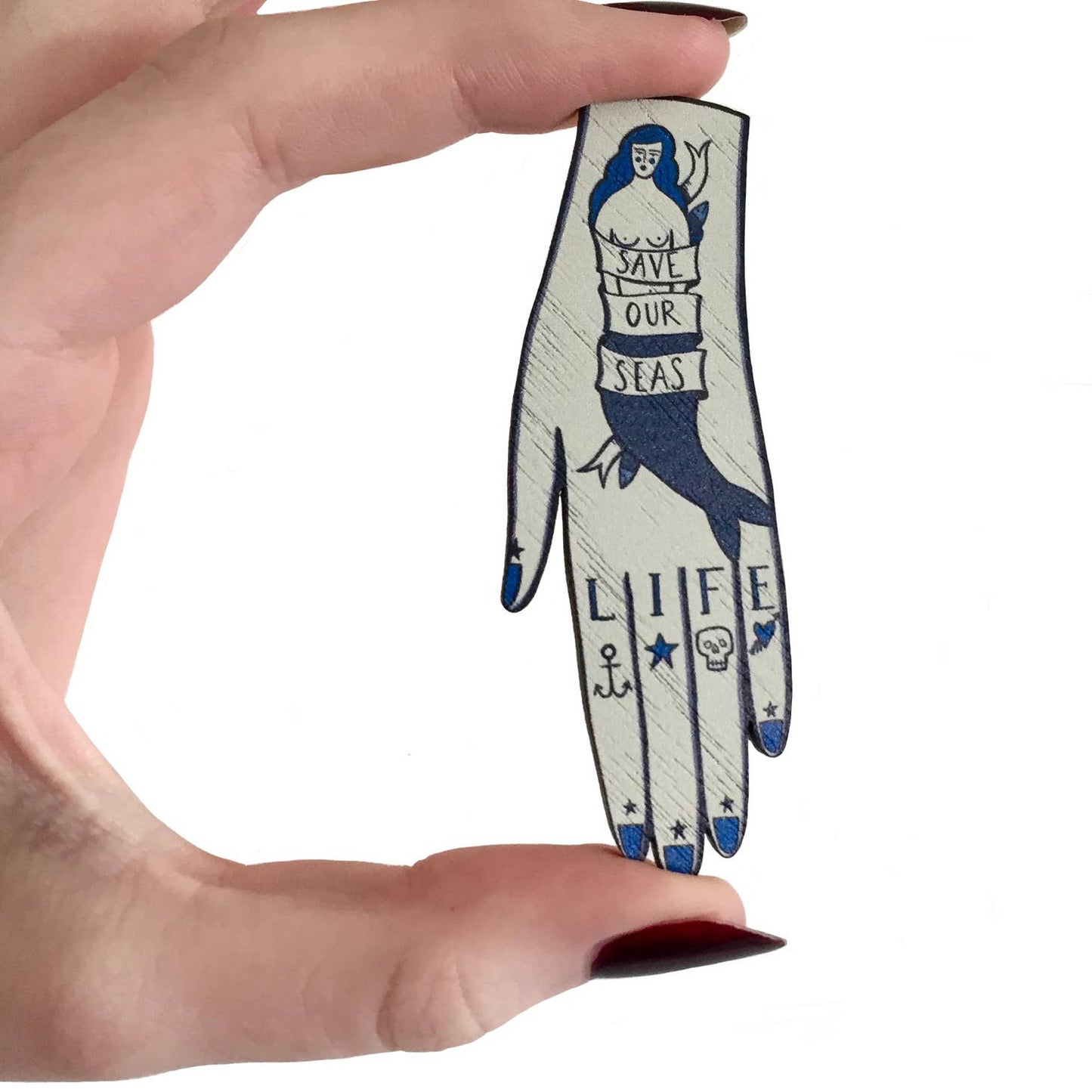 Save Our Seas tattooed Hands Wooden Pin Brooch