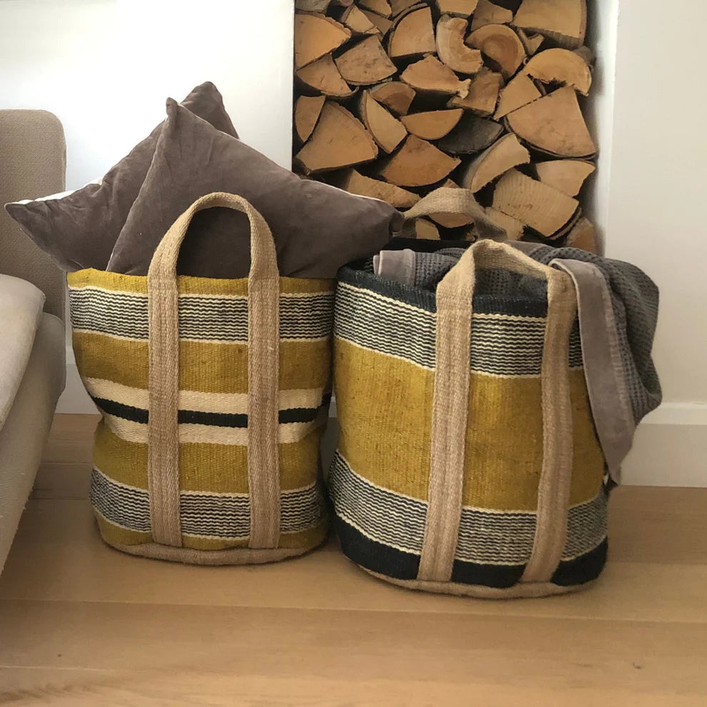 Jute Storage Bag . Mustard / Black & White Stripe