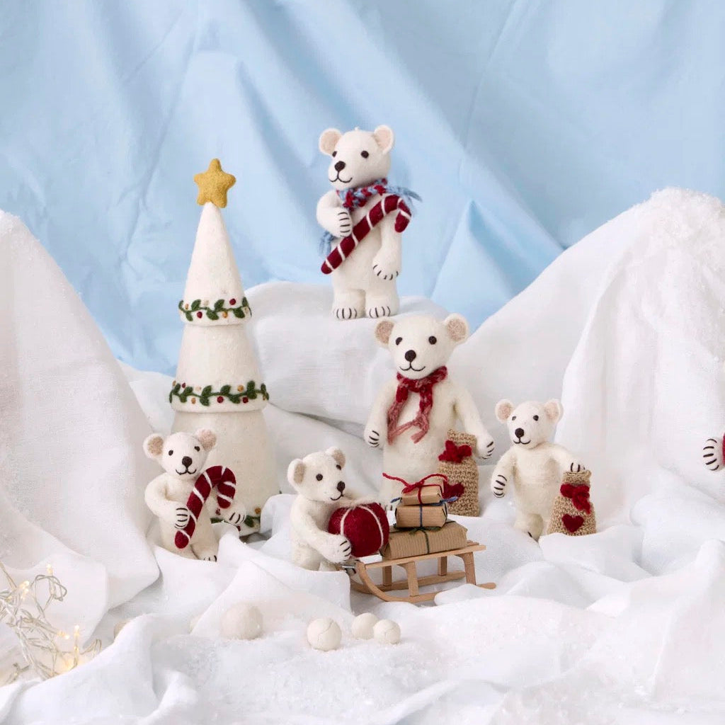 Medium White Polar Bear With Gift Bag - Felt Christmas Decoration