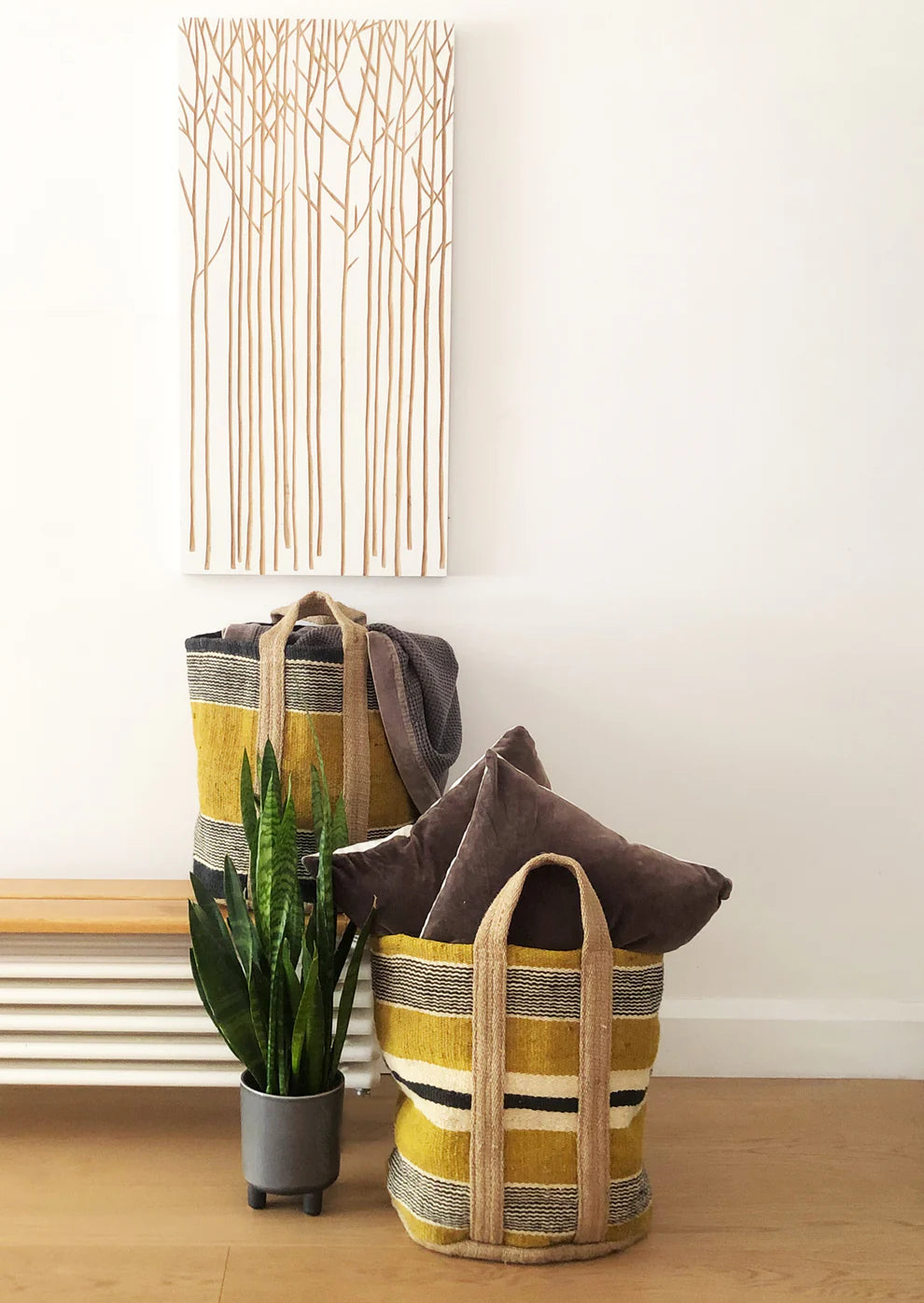 Jute Storage Bag . Mustard / Black & White Stripe