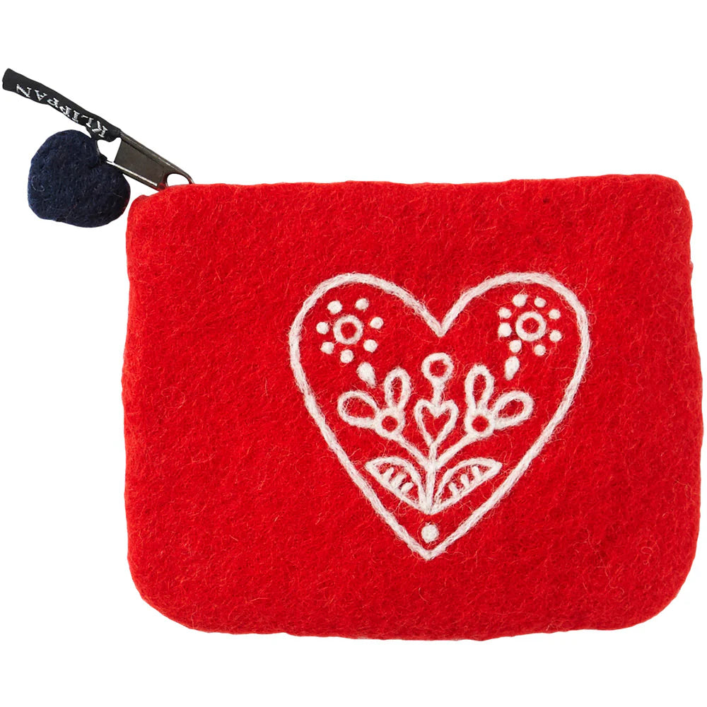 Heart & Flower Red Wool Felted Purse ( Kneaded by Hand)