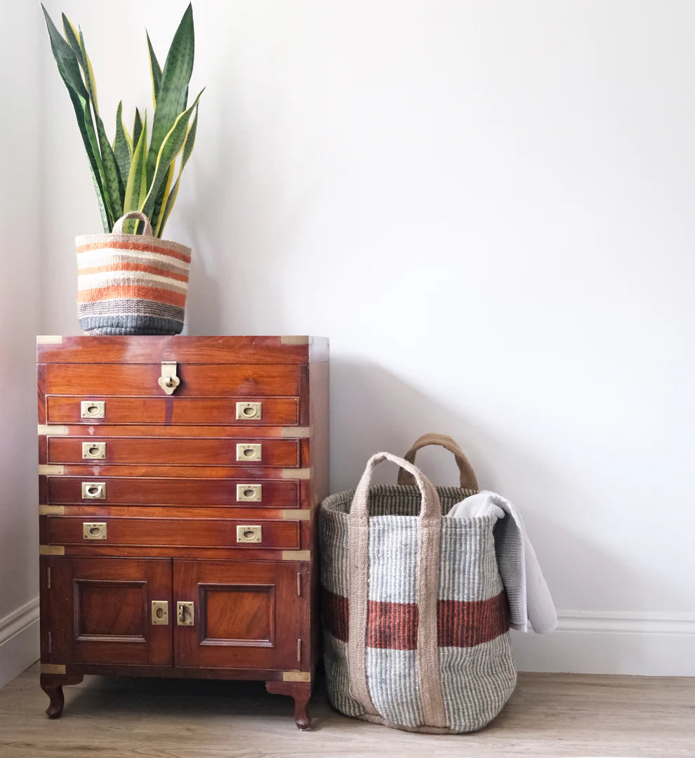 Jute Storage Bag . Grey / Brown Stripe