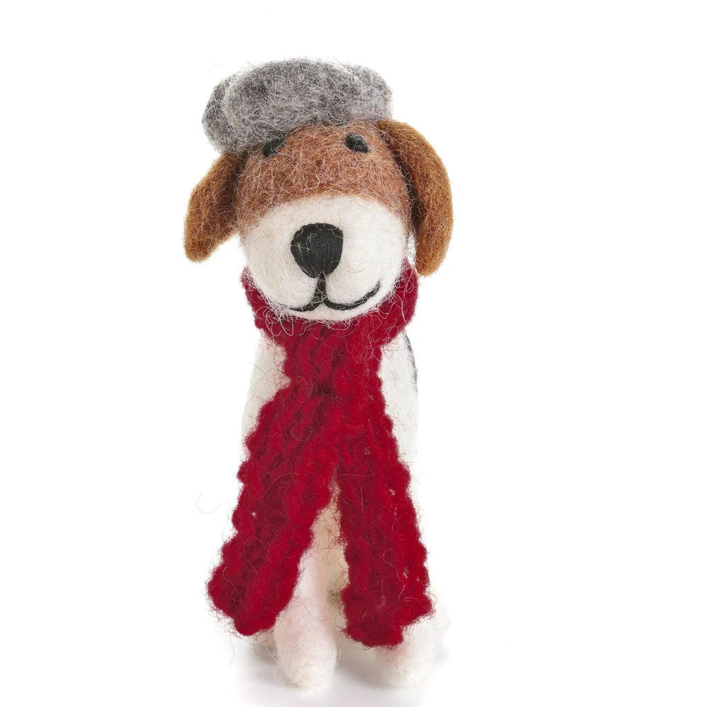 Sitting Fox Terrier With Flat Cap & Scarf