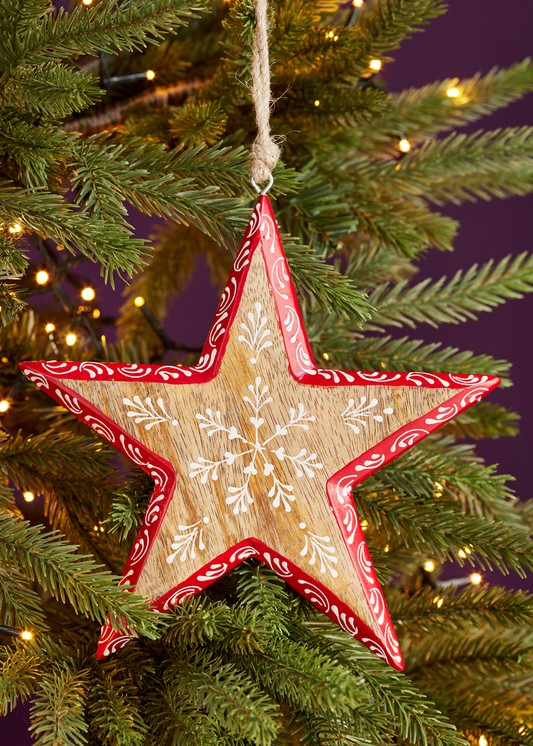 Large Hand Painted Mango Wood Hanging Star