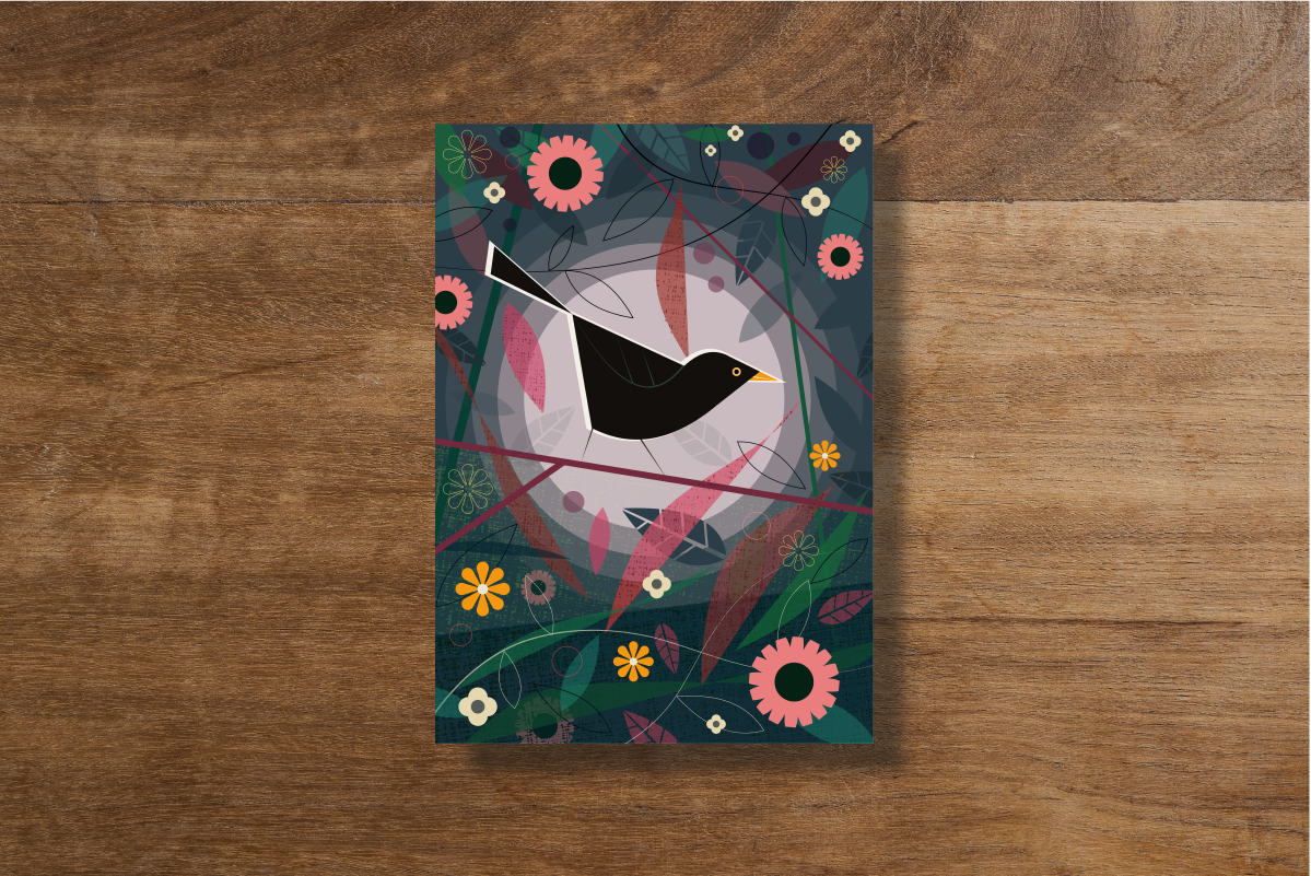 Blackbird in Moonlight Greetings Card