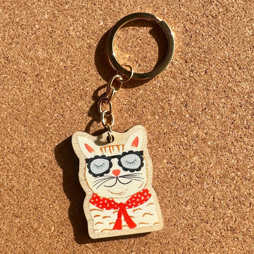 Cute Cat Wooden Key Ring
