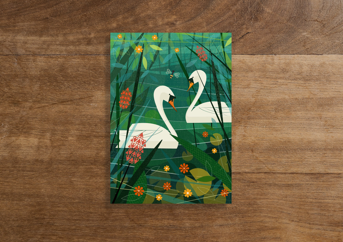 Swans Swimming Greetings Card