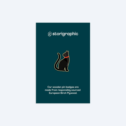 Wooden Pin Badge - Black Cat