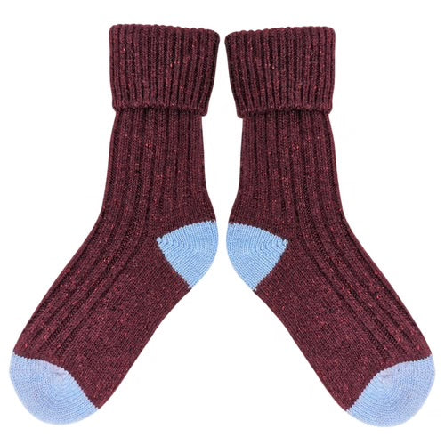 Unisex Recycled Silk Blend Ribbed Socks - Burgundy & Blue