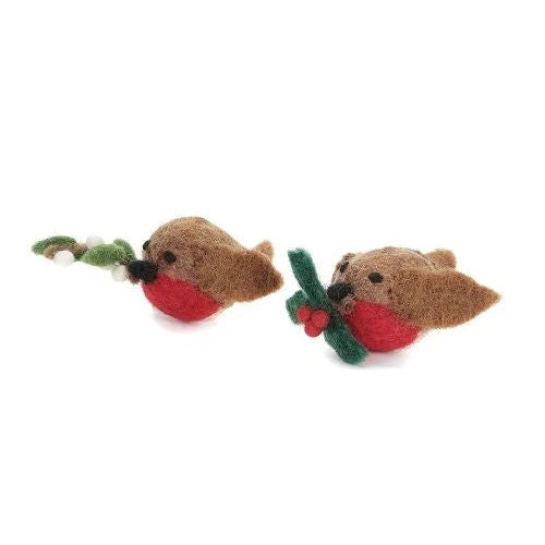 Mini Robin Mistletoe & Holly Sprigs Felt Decoration