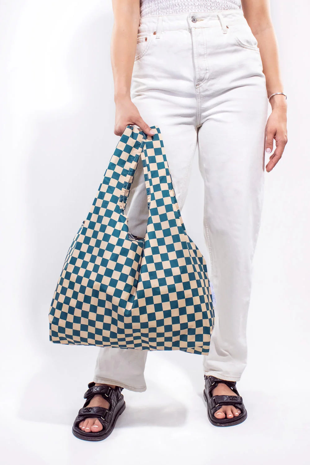 Checkerboard Teal and Beige Medium Reusable Bag