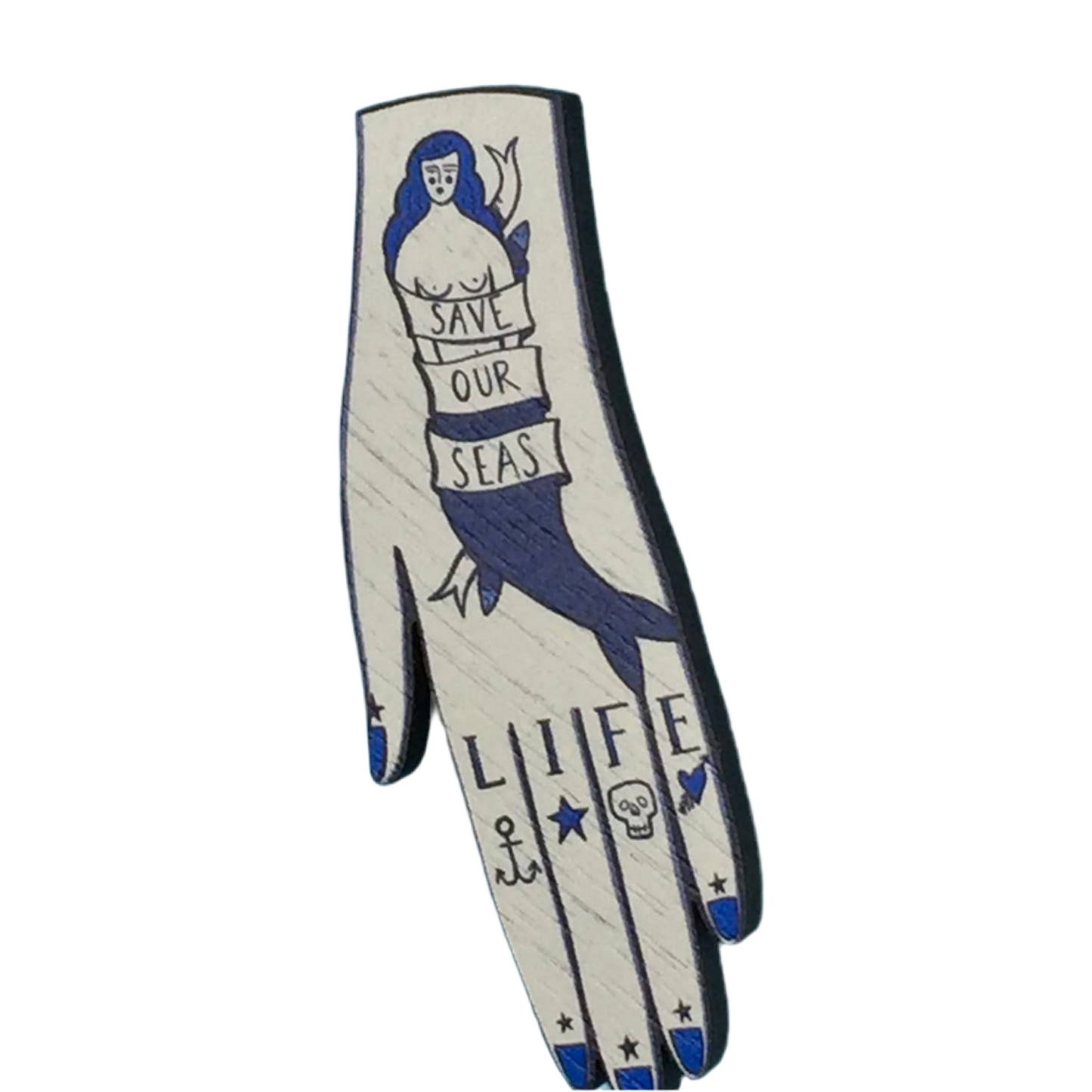 Save Our Seas tattooed Hands Wooden Pin Brooch