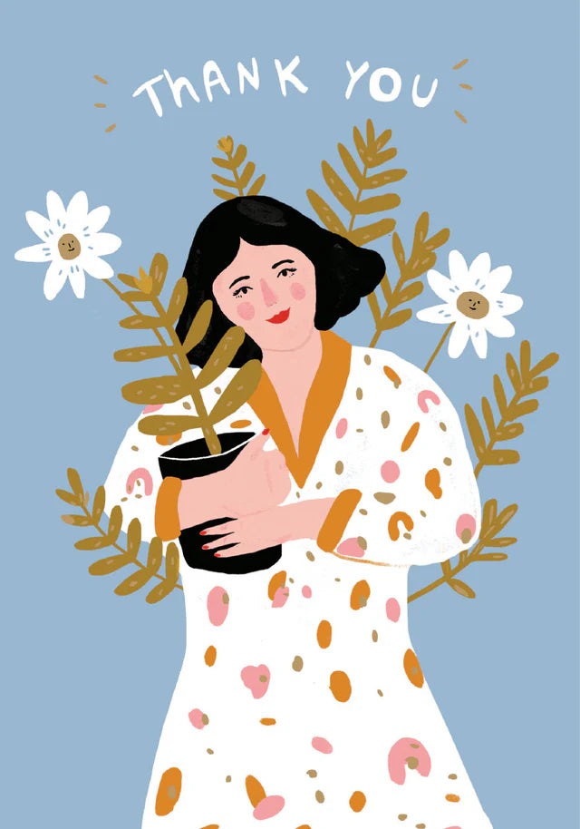 Woman with Potted Flower Thank You Greetings Card