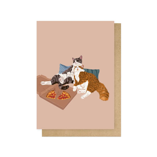 Pizza Night Cats Greetings Card