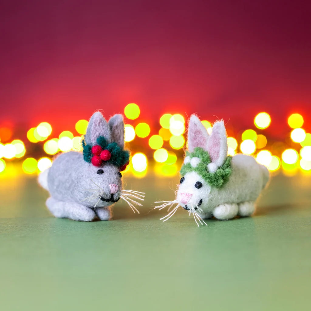 Baby Bunny Mistletoe & Holly Felt Decoration