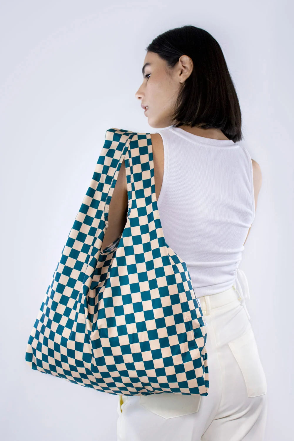 Checkerboard Teal and Beige Medium Reusable Bag