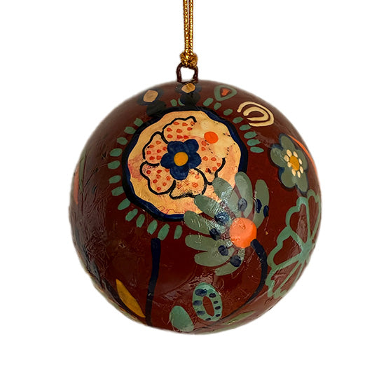 Dark Red Mache Bauble With Flower Design