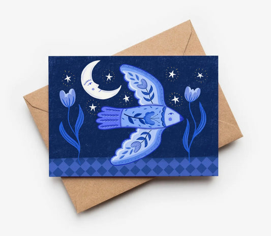 Blue Folk Bird Greetings Card