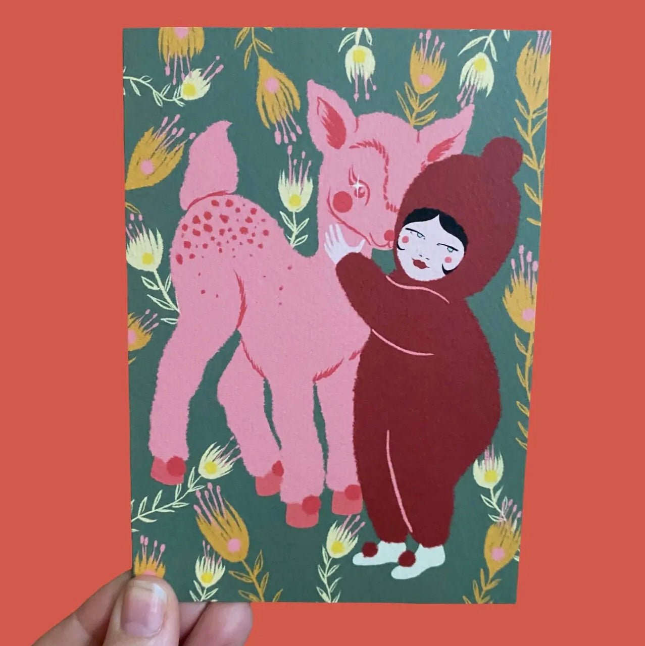 Spring Pals Deer & Girl Greetings Card