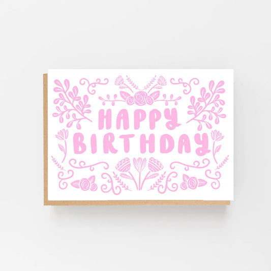 Folk Pink Birthday Card