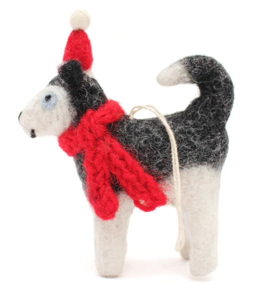 Husky With Hat & Scarf Felt Decoration
