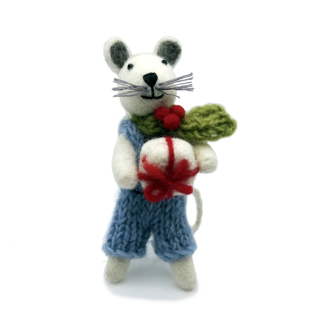 Little Boy Mouse with Present Felt Decoration