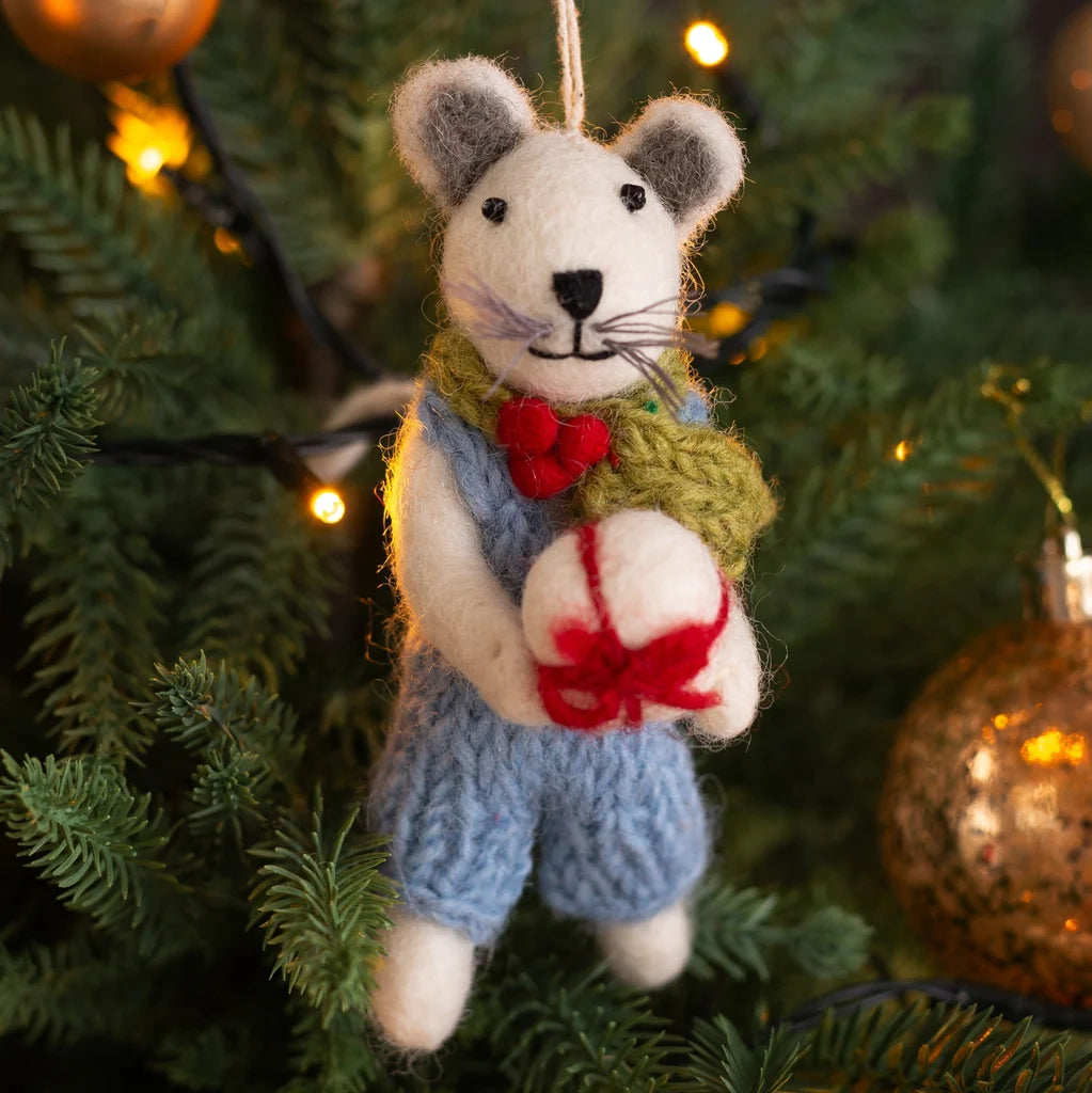 Little Boy Mouse with Present Felt Decoration
