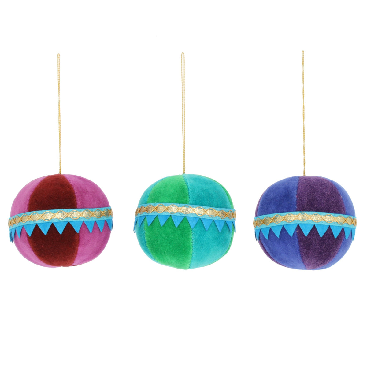 Velvet Bright Baubles With Zig-ZagTrim Hanging Decoration ( 3 Colours)