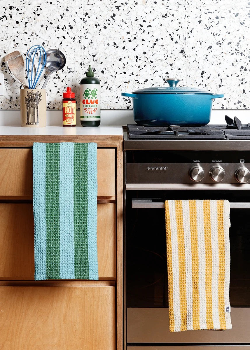 New Cotton Waffle Green & Citrus Tea Towels (2)