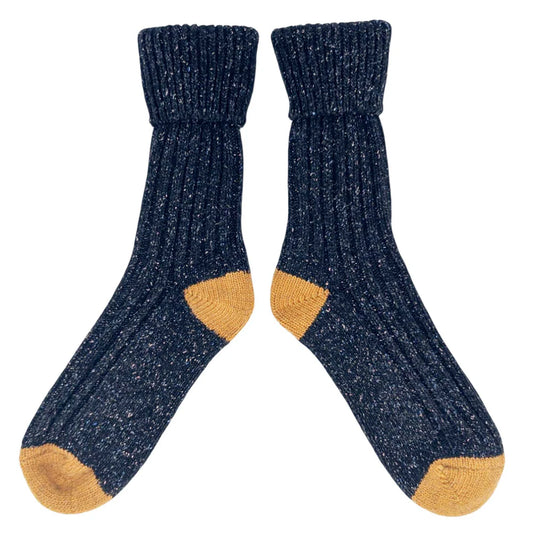 Lambswool & Silk Navy and Mustard Ankle Socks  (Size 8-11 )