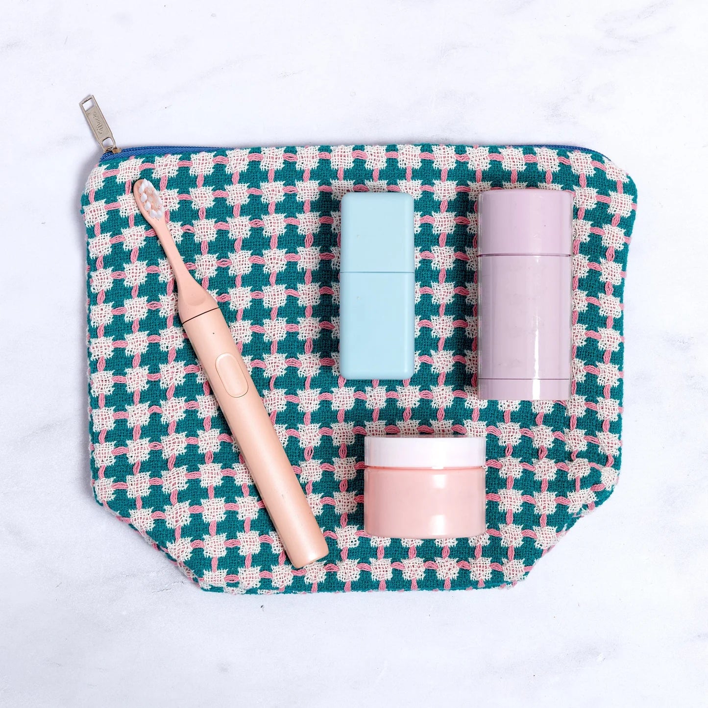 Recycled Cotton Wash Bag In Green & Pink