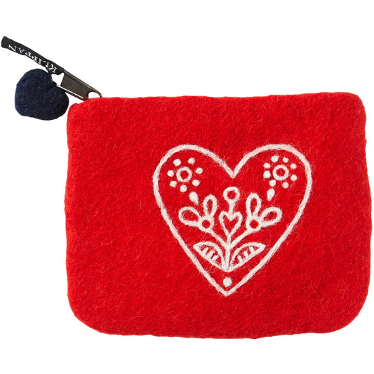 Heart & Flower Red Wool Felted  Purse ( Kneaded by Hand)