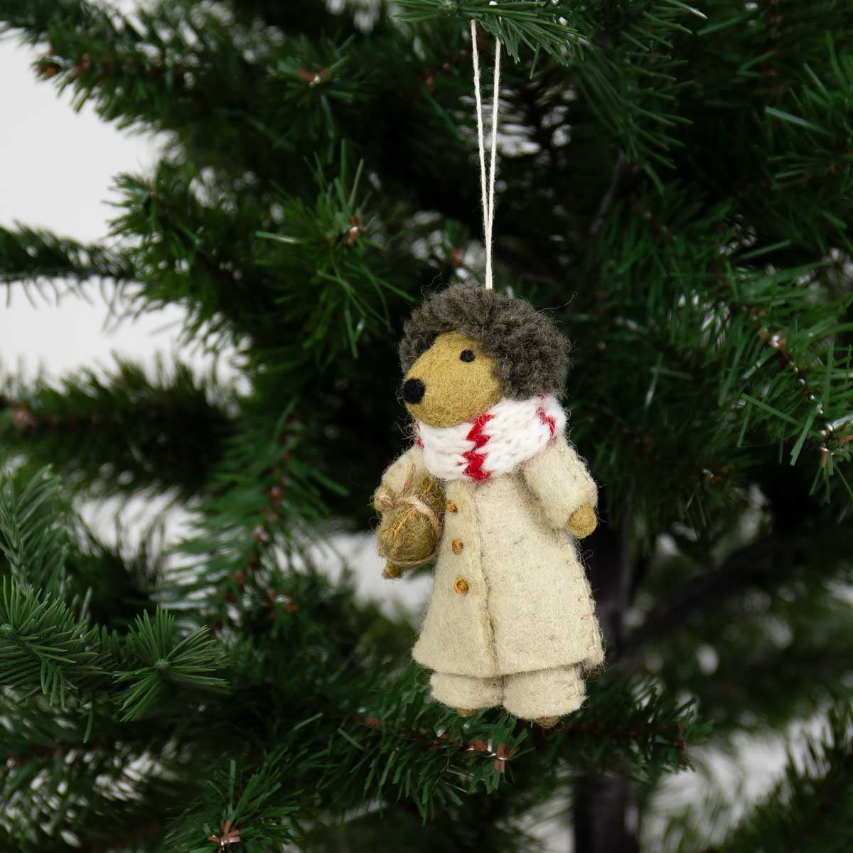 Hedgehog In Beige Coat Christmas Felt Decoration
